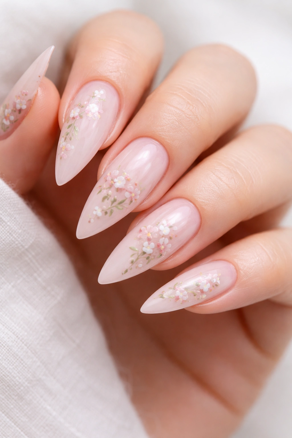 Close-up of light pink stiletto nails with tiny hand-painted florals