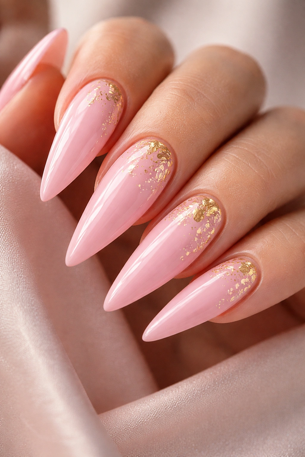 Close-up of glossy baby pink stiletto nails with gold foil accents