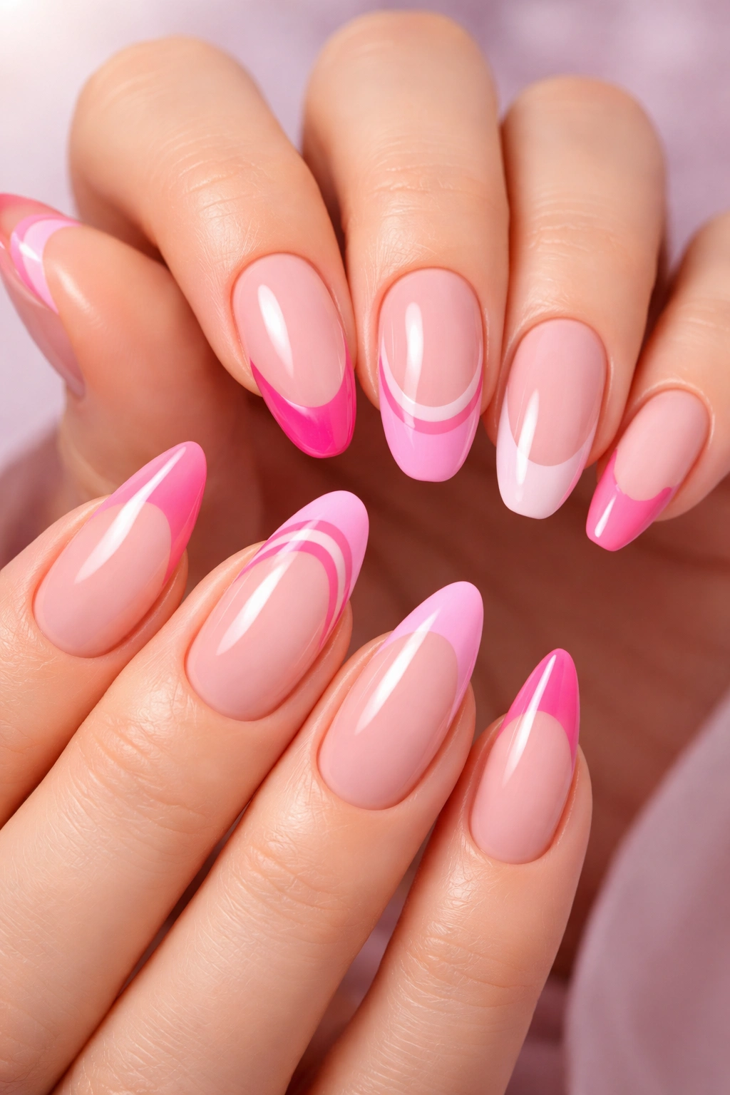 Close-up of pink French tip manicure variations on nails
