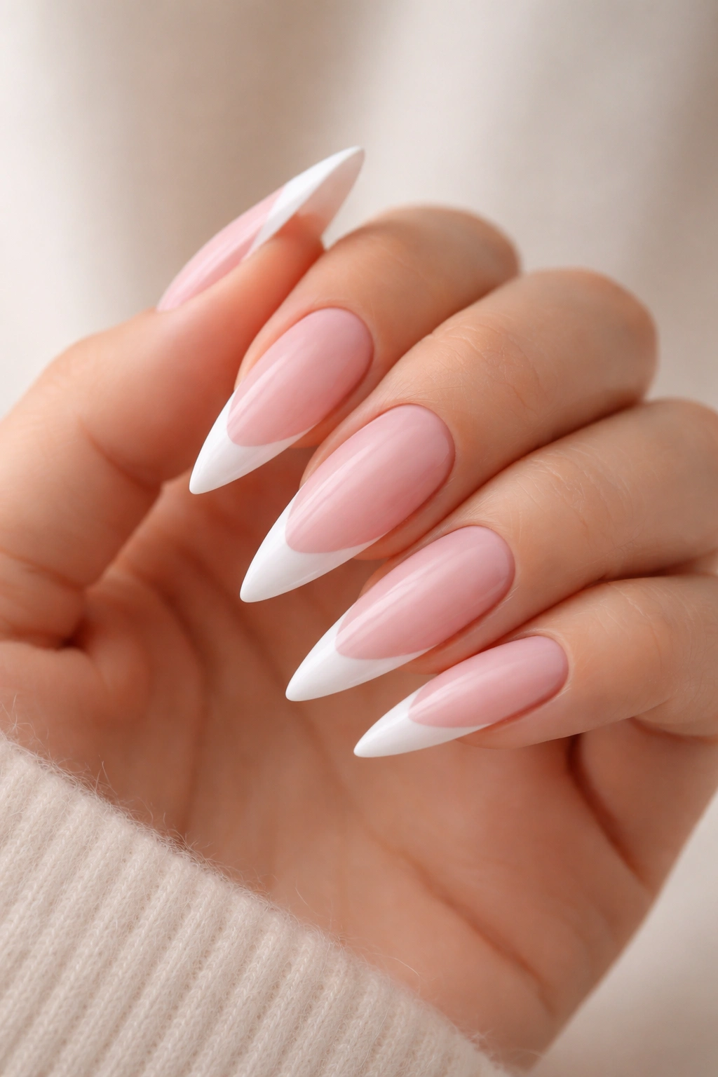 Close-up of stiletto nails with pale pink base and white French tips