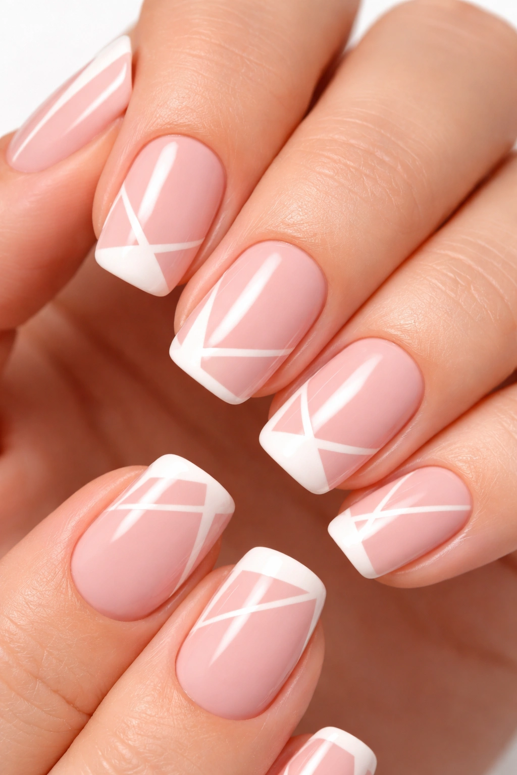 Close-up of short pink nails with white geometric shapes