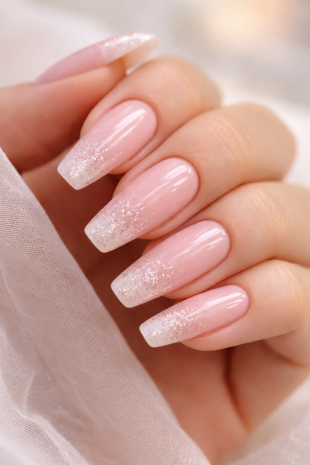 Nails with milky pink base and fine glitter fade at the tips, soft and polished