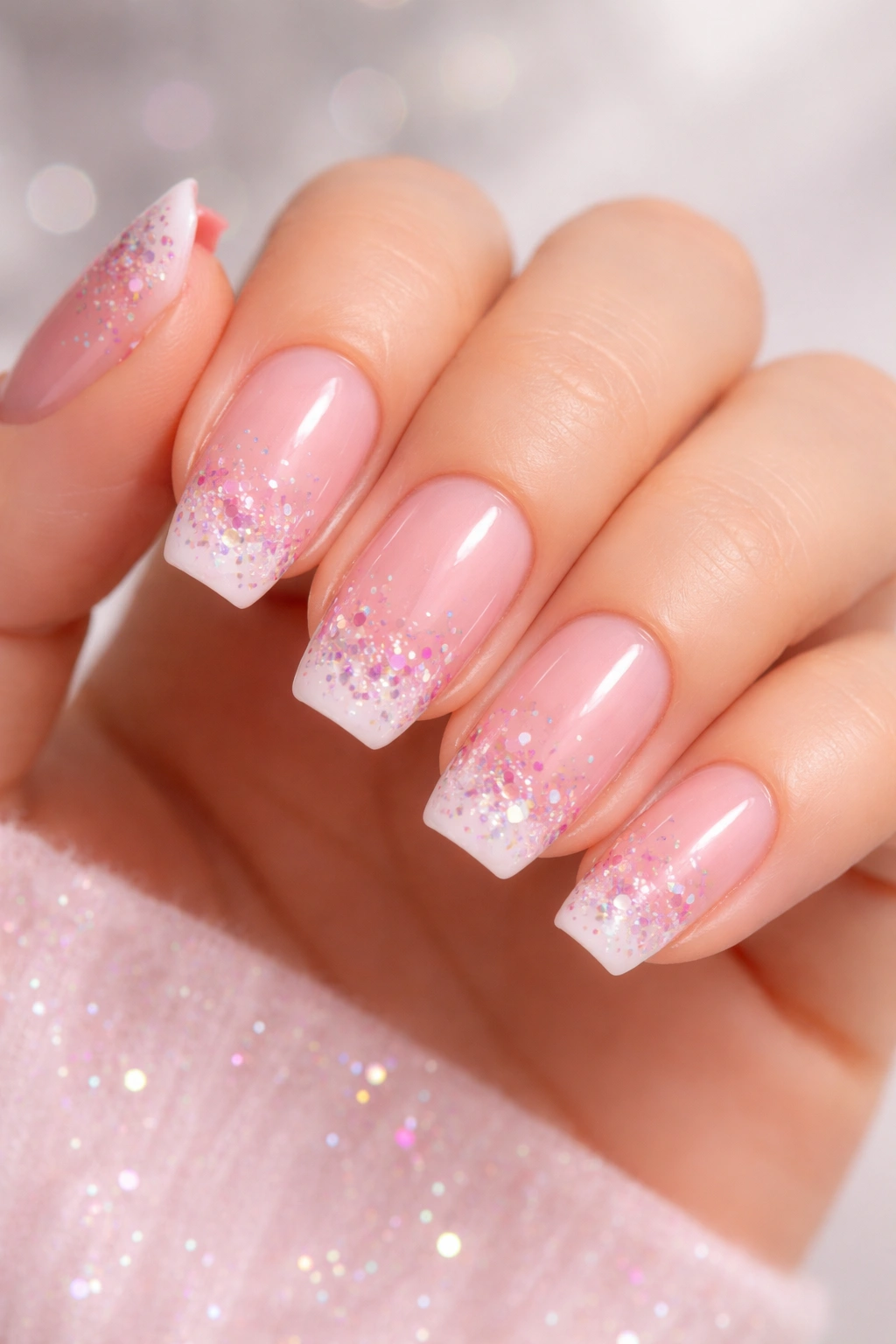 Close-up of pink nails with glittery French tips and confetti accents