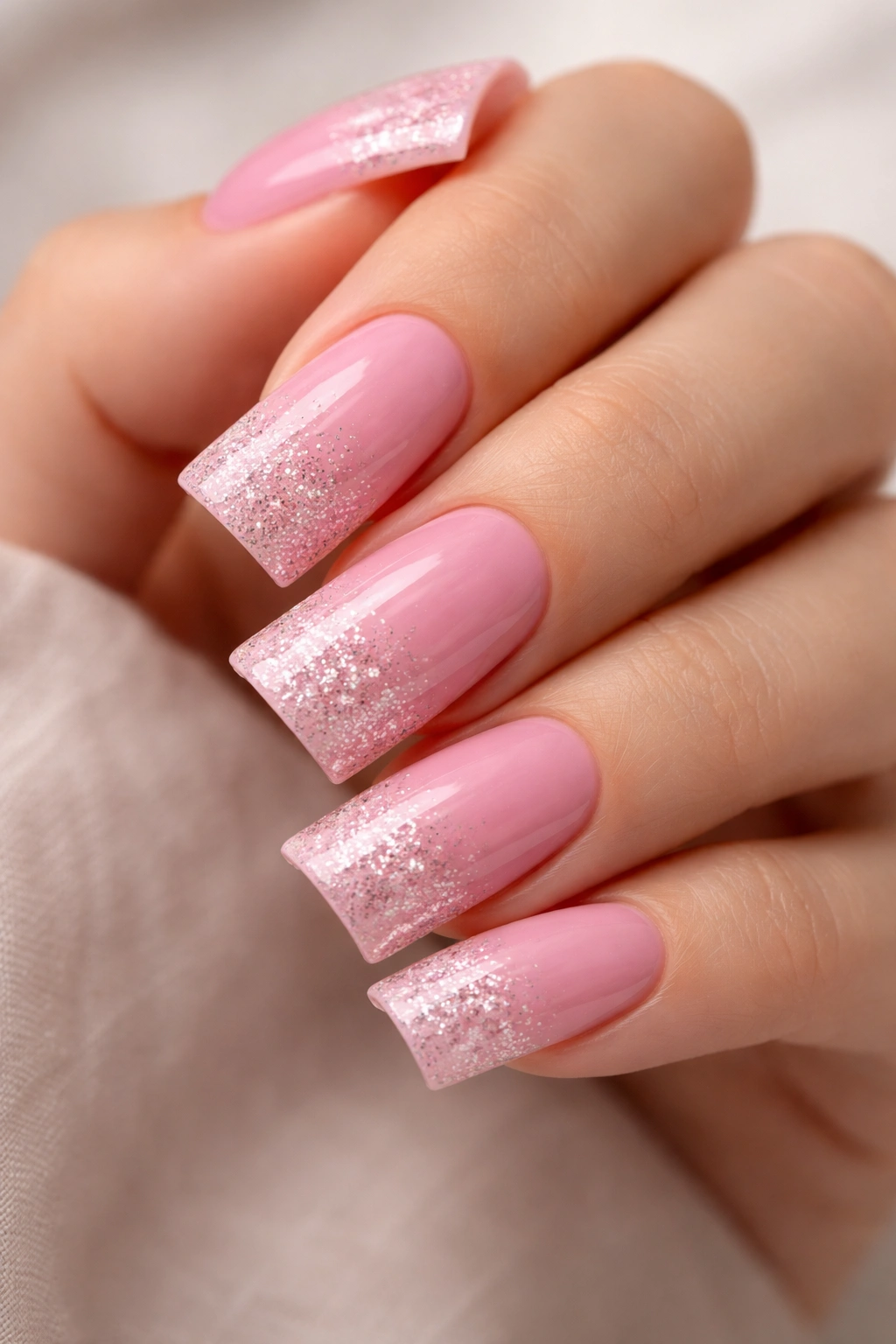 Pink duck nails with glitter gradient on short nails