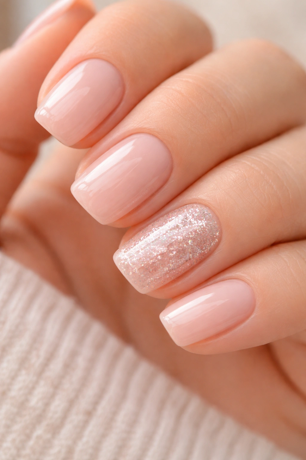 Close-up of sheer baby pink nails with glitter ombré on accent nails