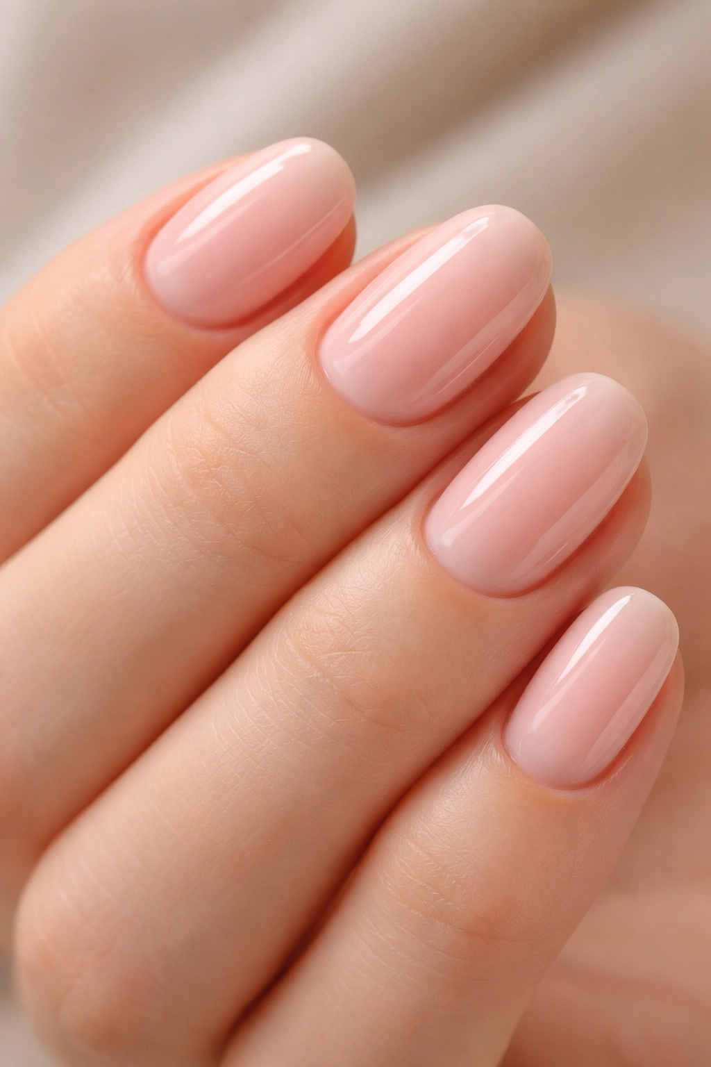 Close-up of short oval nails with sheer pink and glossy finish.