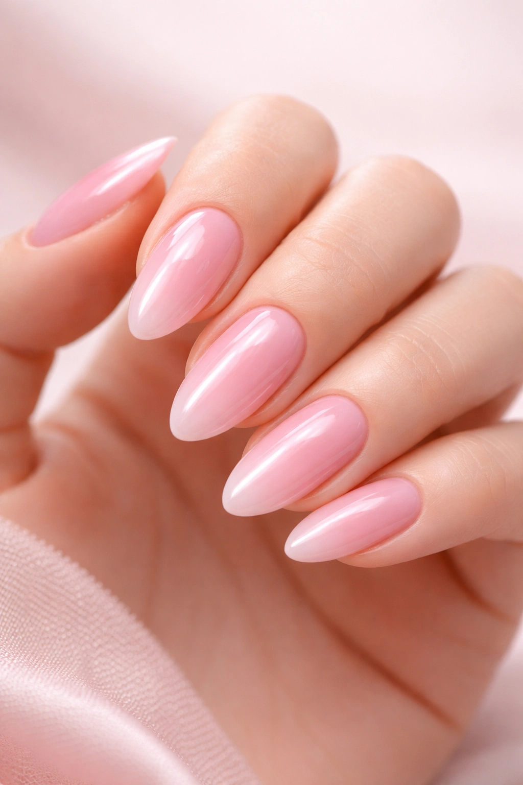 Close-up of a hand with glossy pink nails in almond shape against a neutral backdrop
