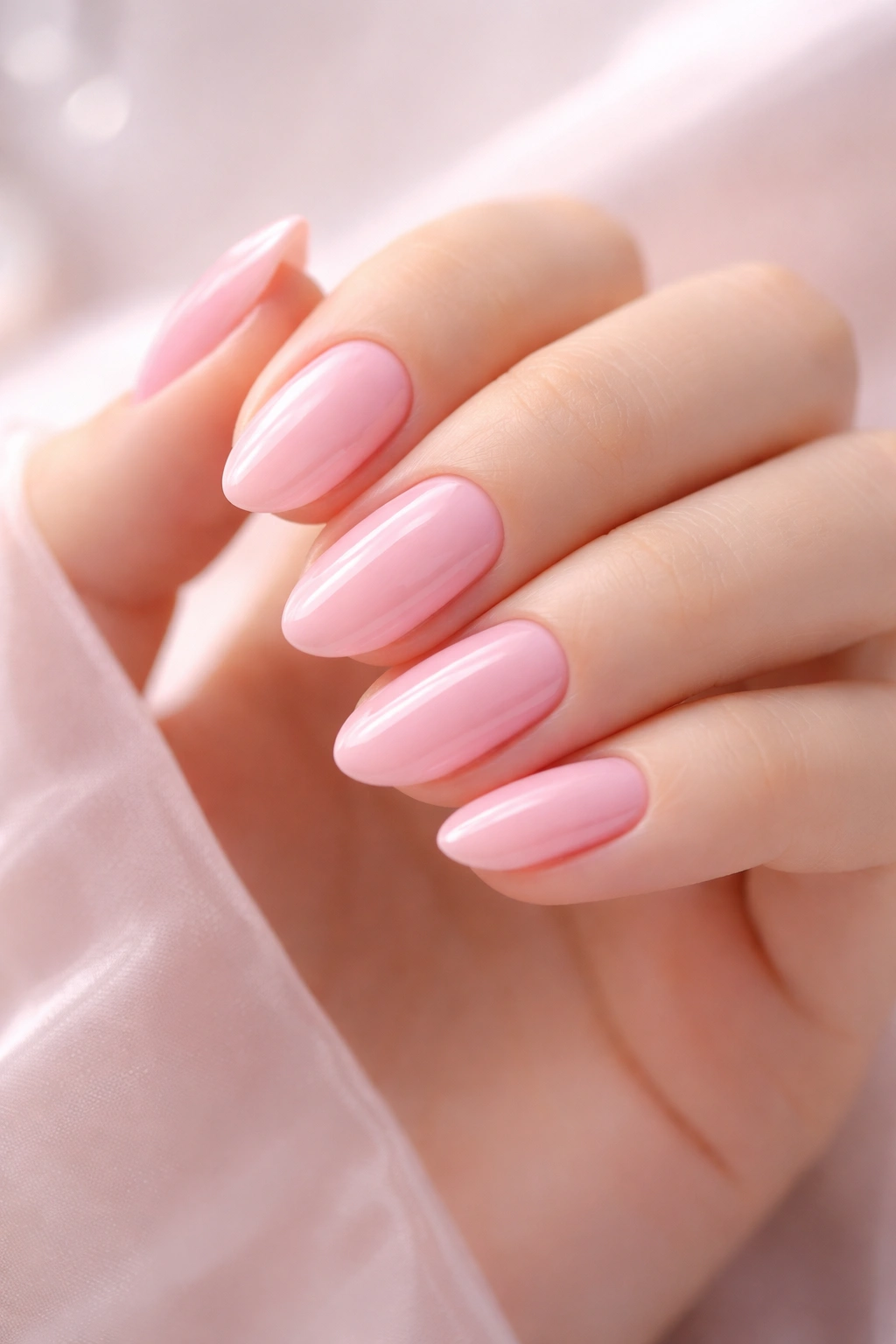 Close-up of pink nails with glossy top coat on a clean hand.