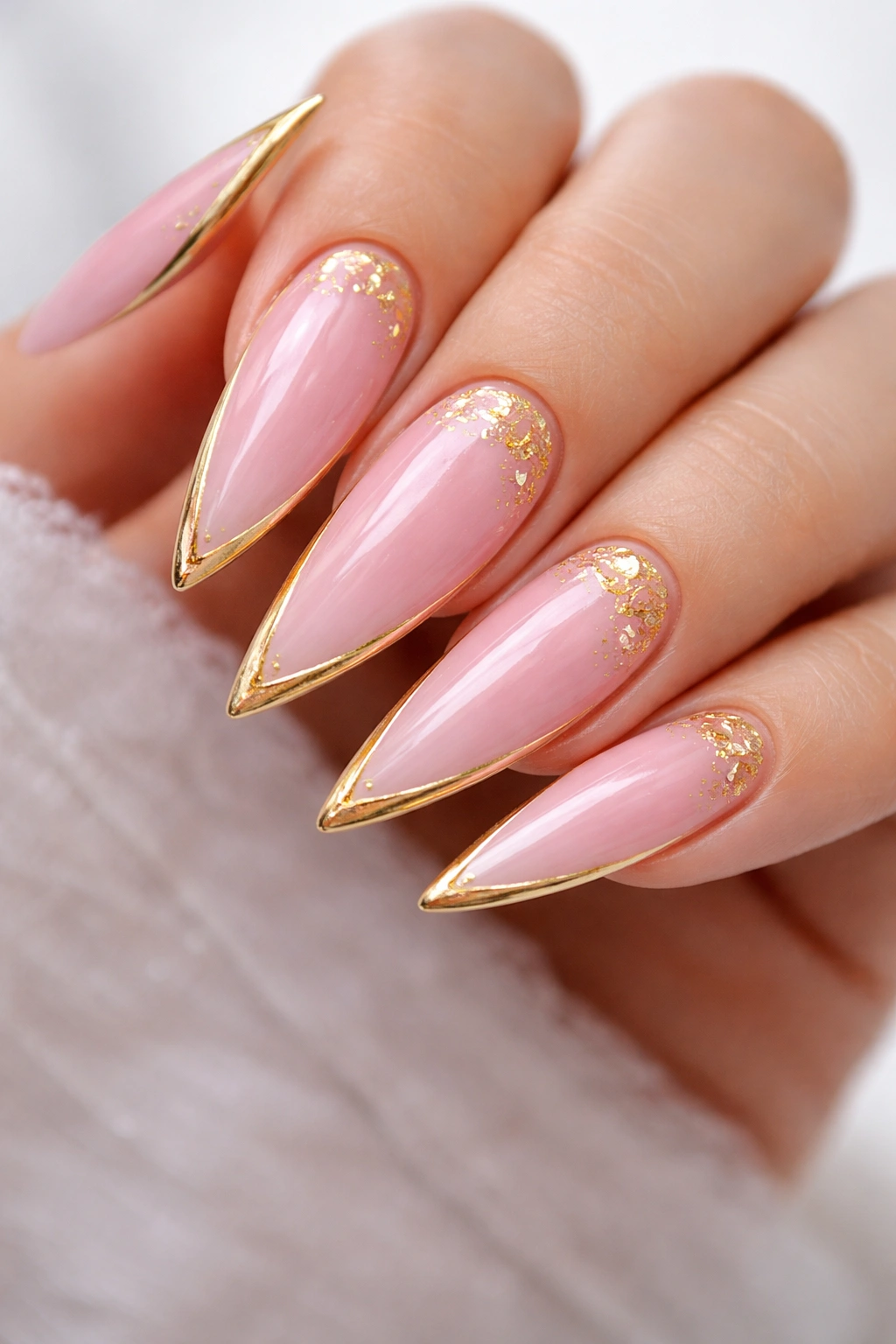 Pink stiletto nails with gold edge lines and foil accents, close-up