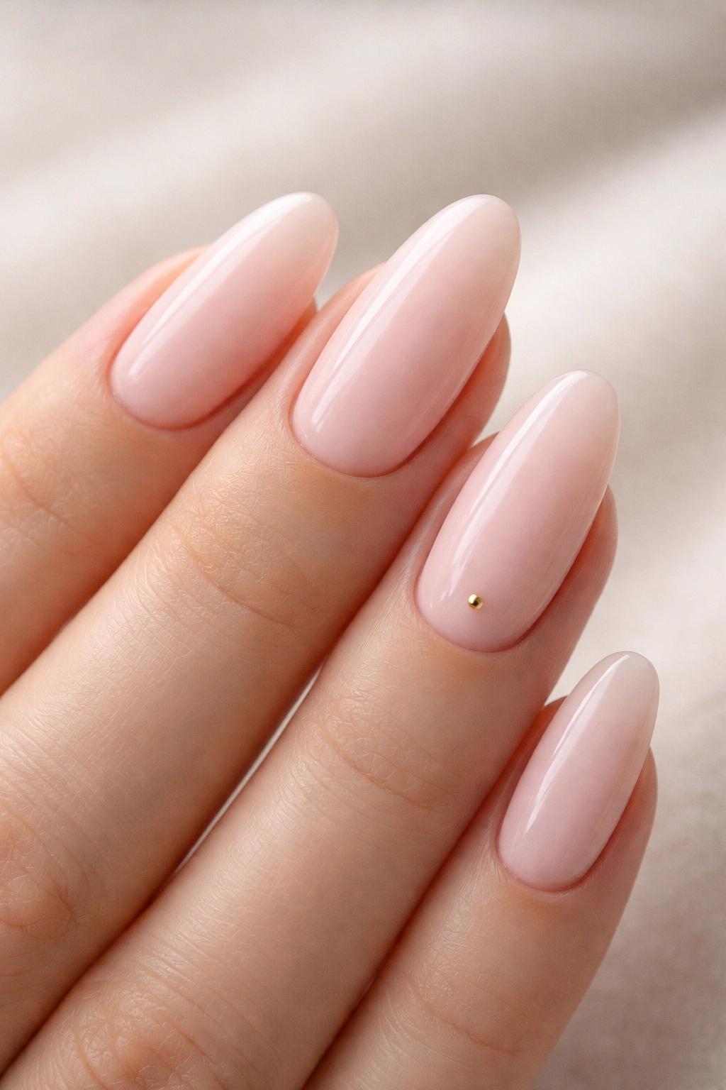 Close-up of soft pink oval nails with a single small gold dot on one nail