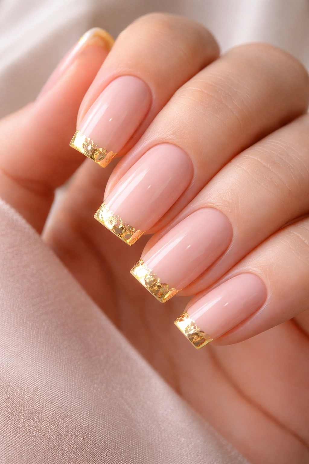 Close-up nails with pink base and gold foil tips on soft square nails.