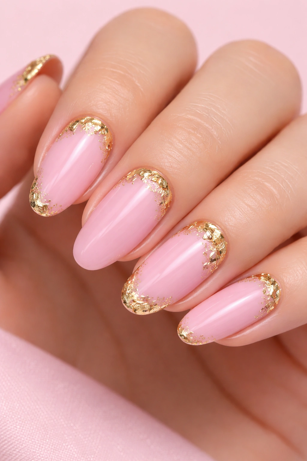 Pink nails with gold foil accents on tips and around cuticle