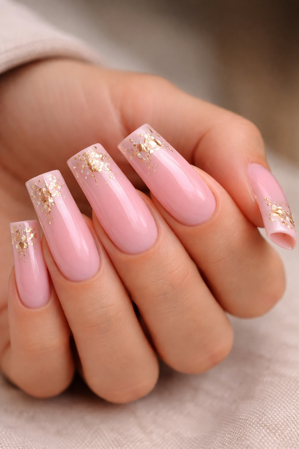 Pink duck nails with gold foil accents on short nails