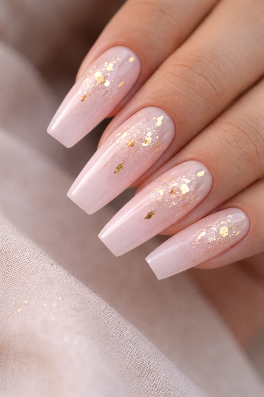 Coffin nails pale pink base with gold foil accents