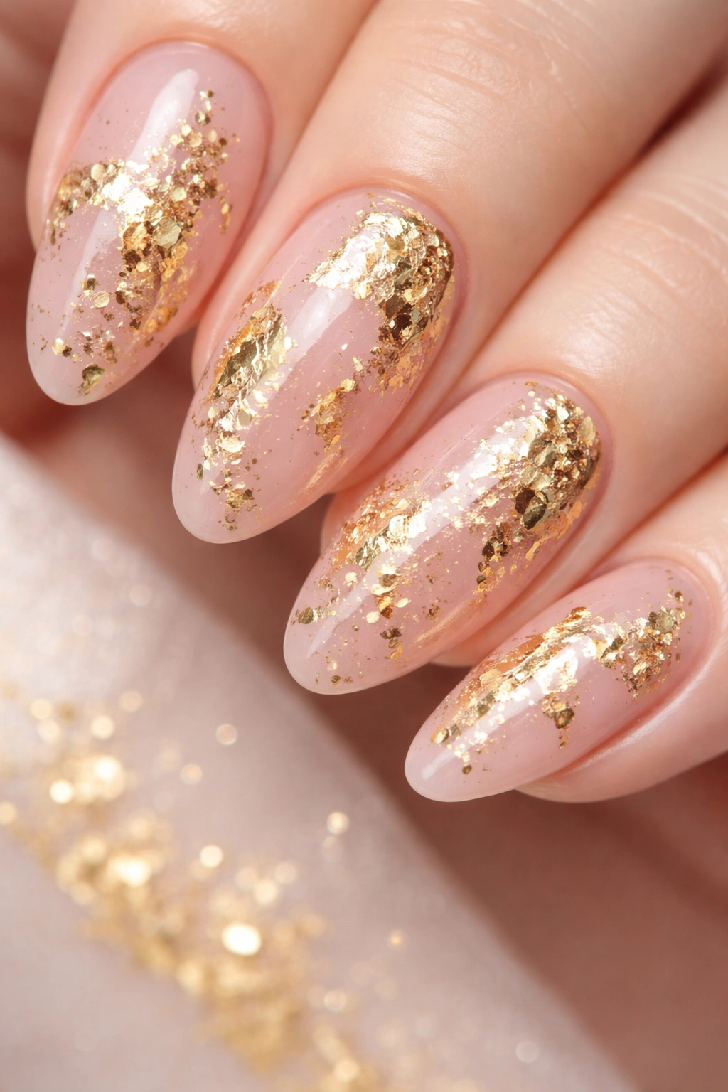 Pink nails with metallic gold leaf design across the surface