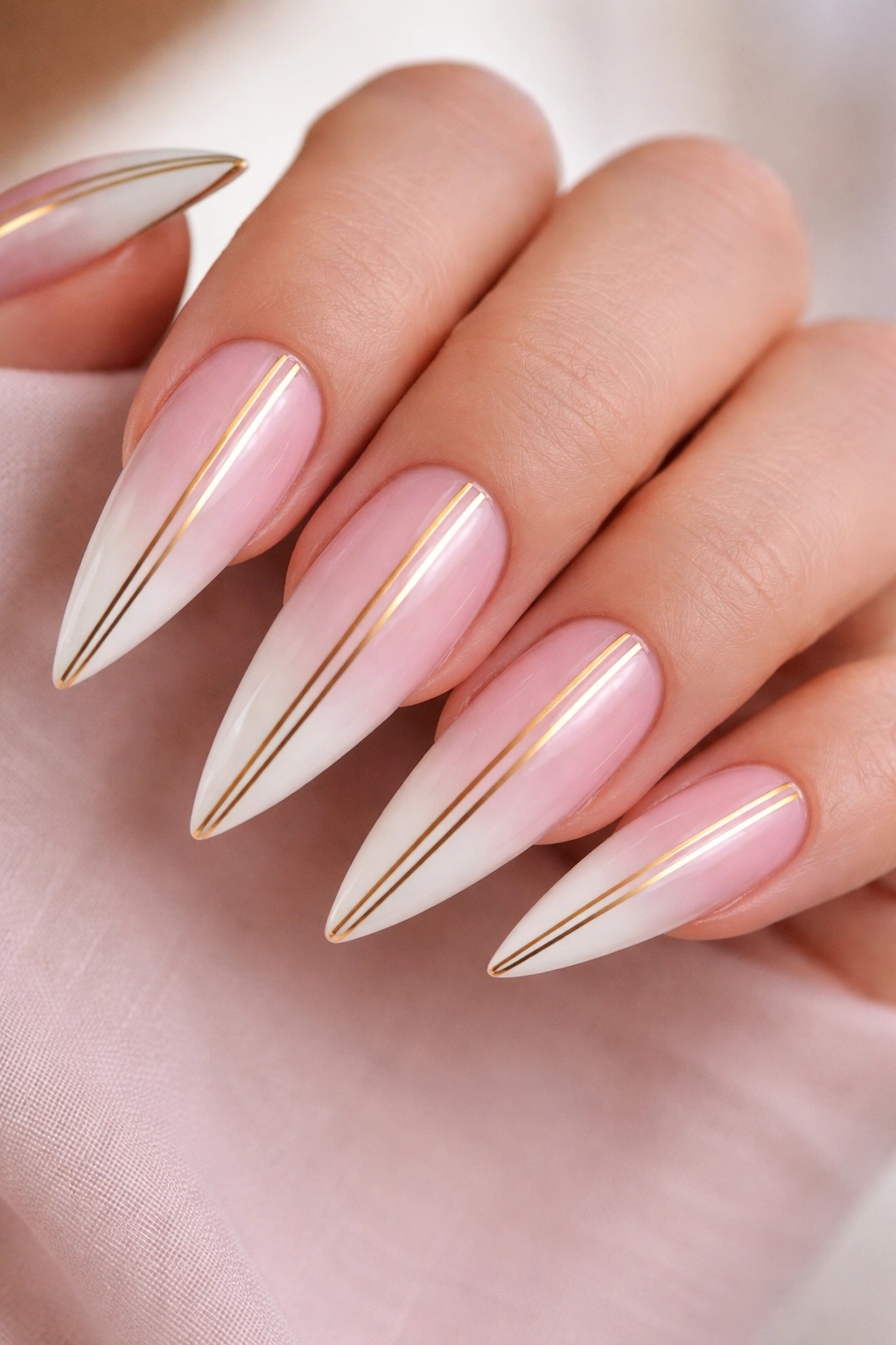 Close-up of pink stiletto nails with vertical gold stripes along the length