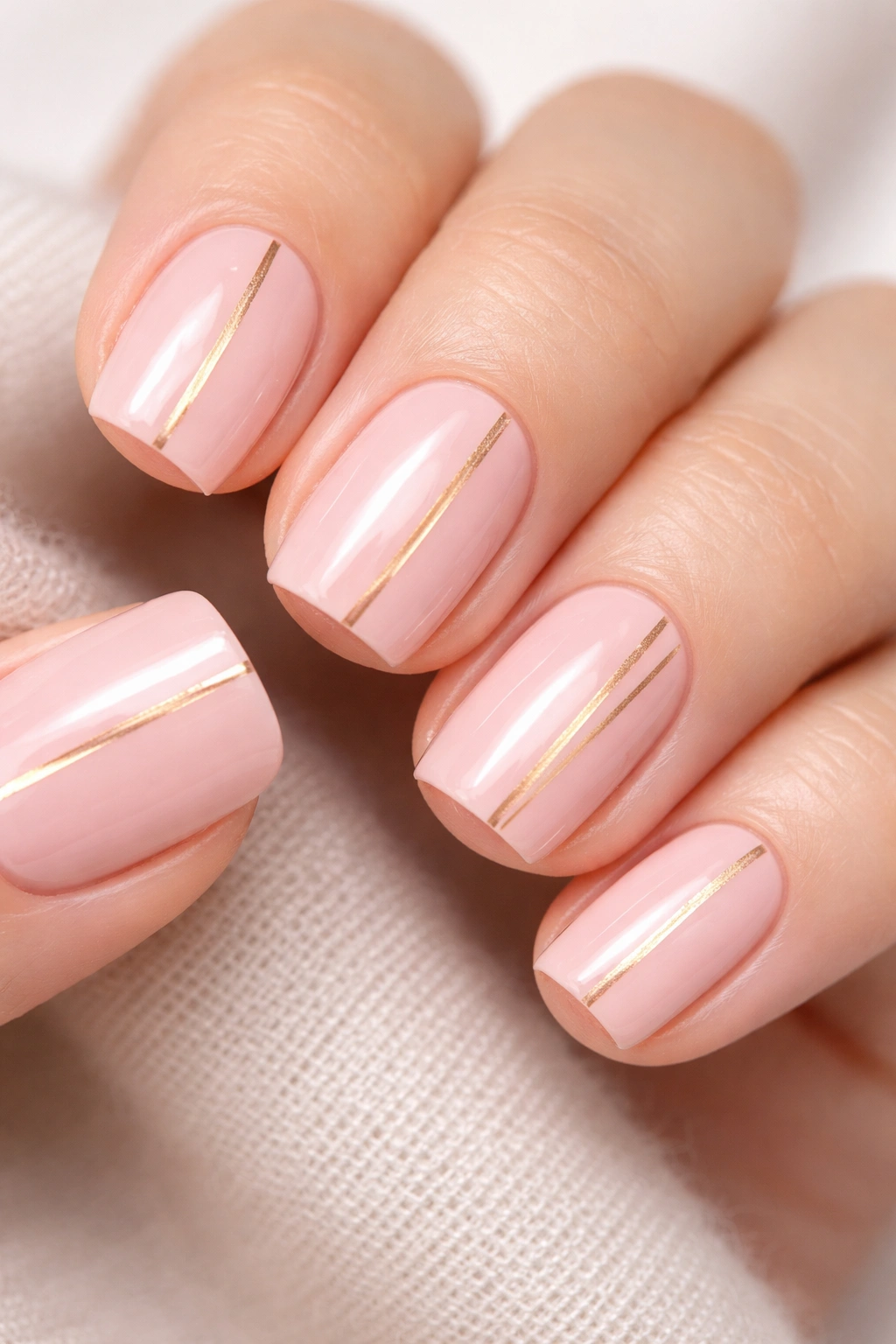 Nails with soft pink base and thin gold stripes.