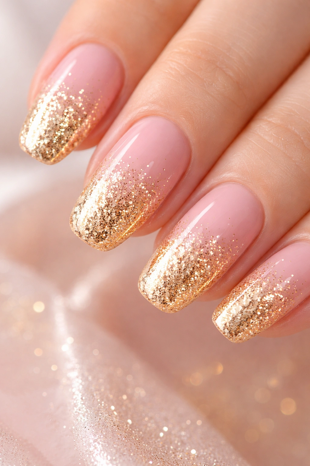 Close-up of pink-based nails with a gold glitter gradient from tip to middle