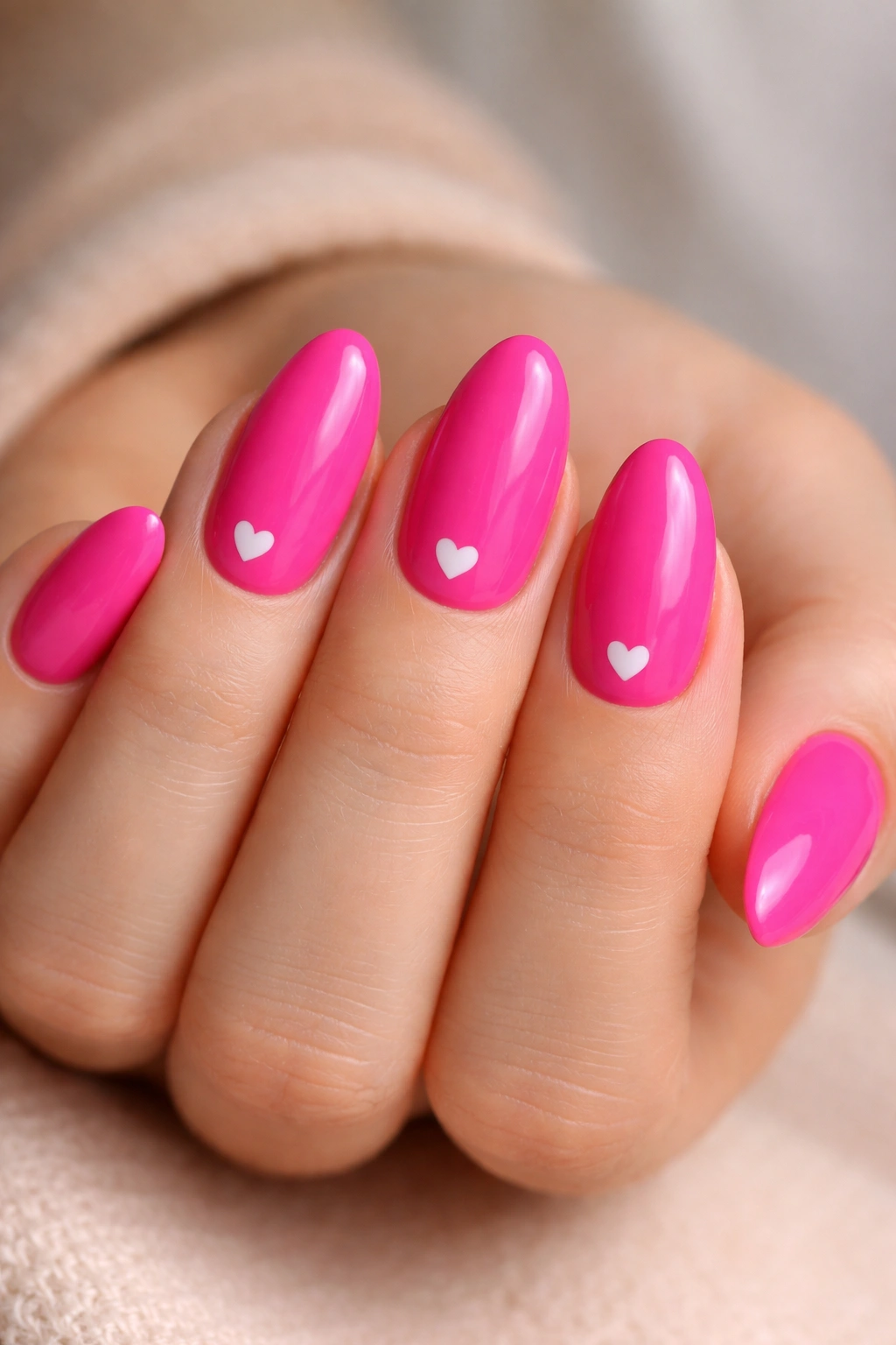 Close-up of hot pink almond nails with tiny white hearts