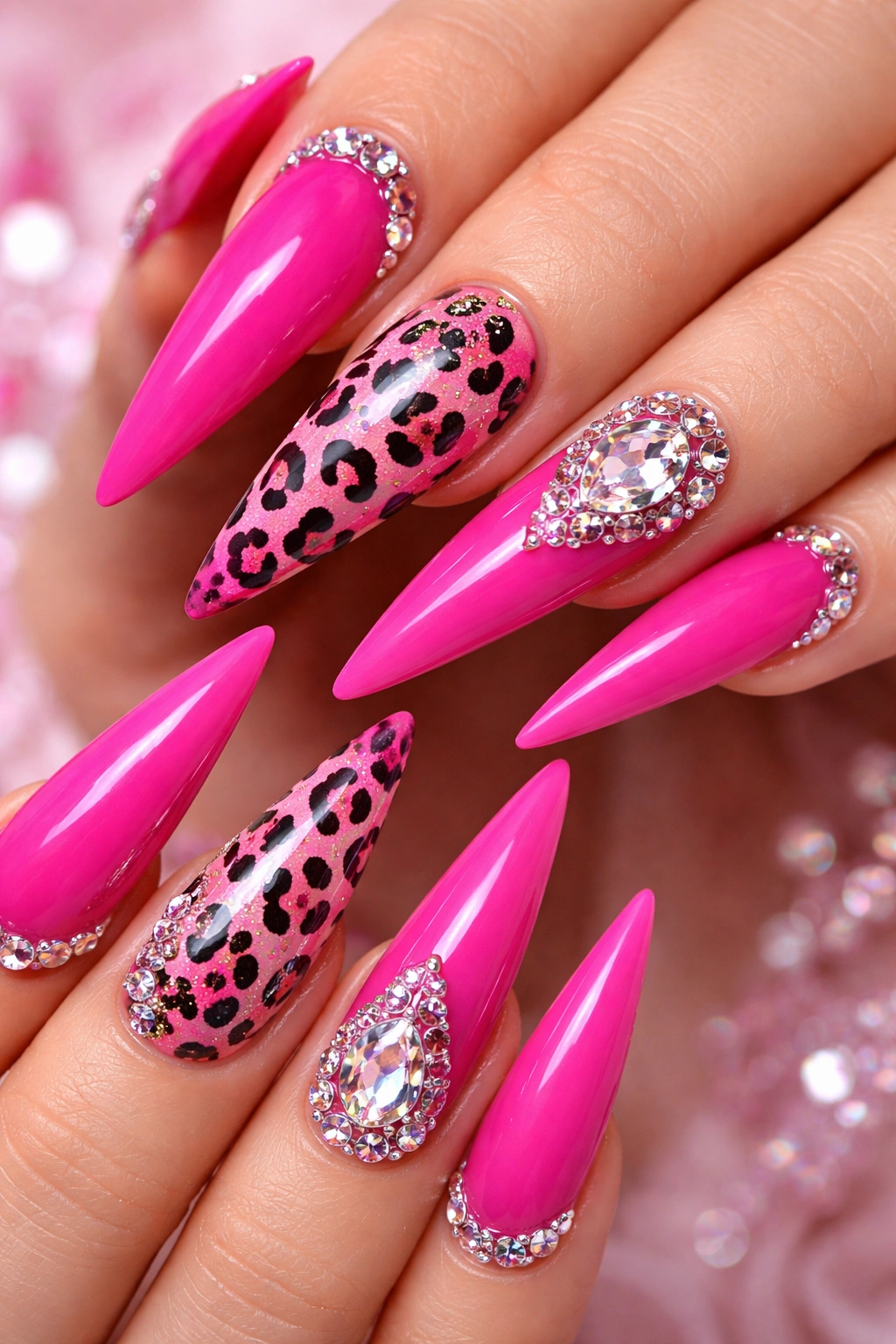 Hot pink stiletto nails with leopard print and rhinestones.