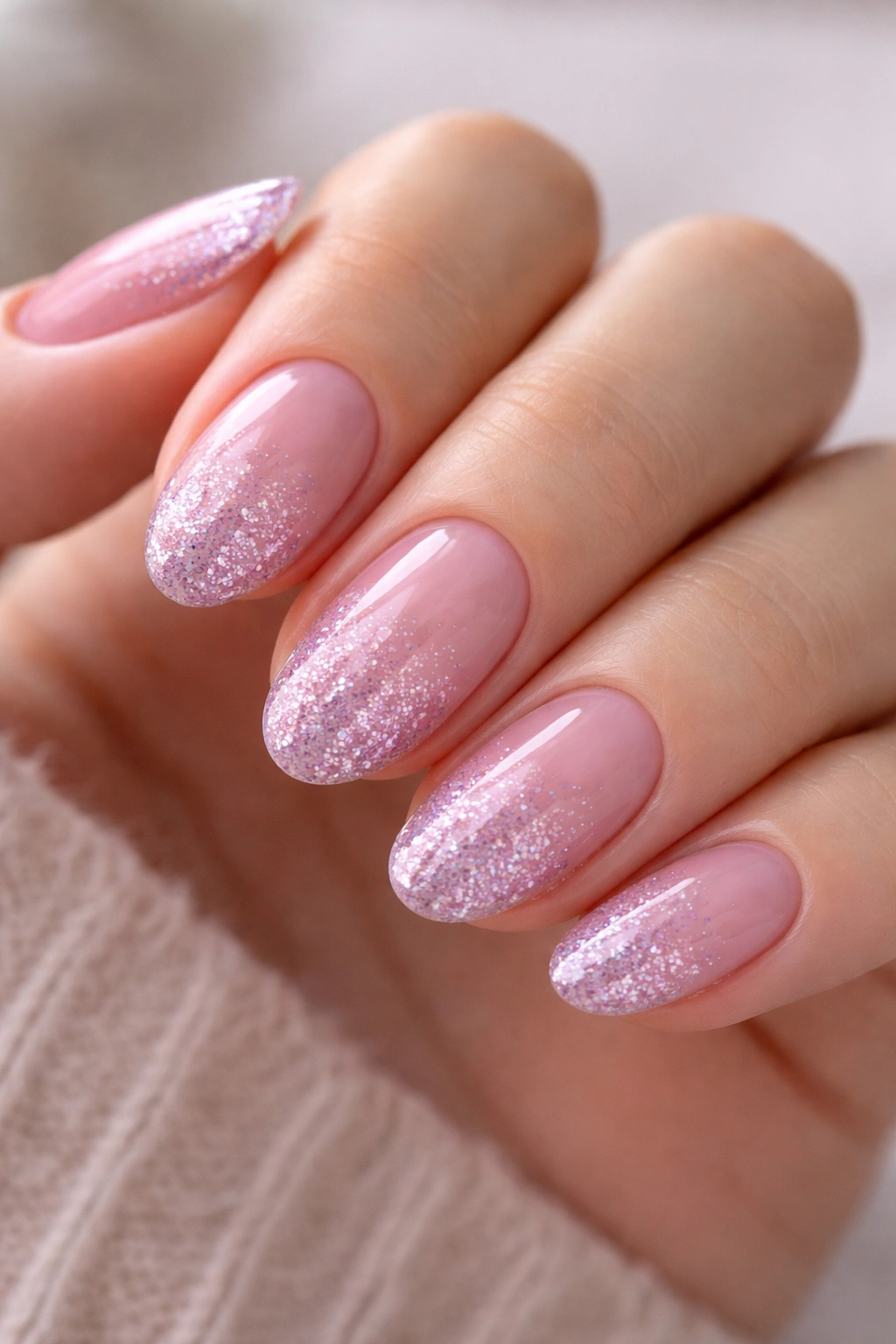 Close-up of short almond nails with a glossy pink base and lilac glitter fade