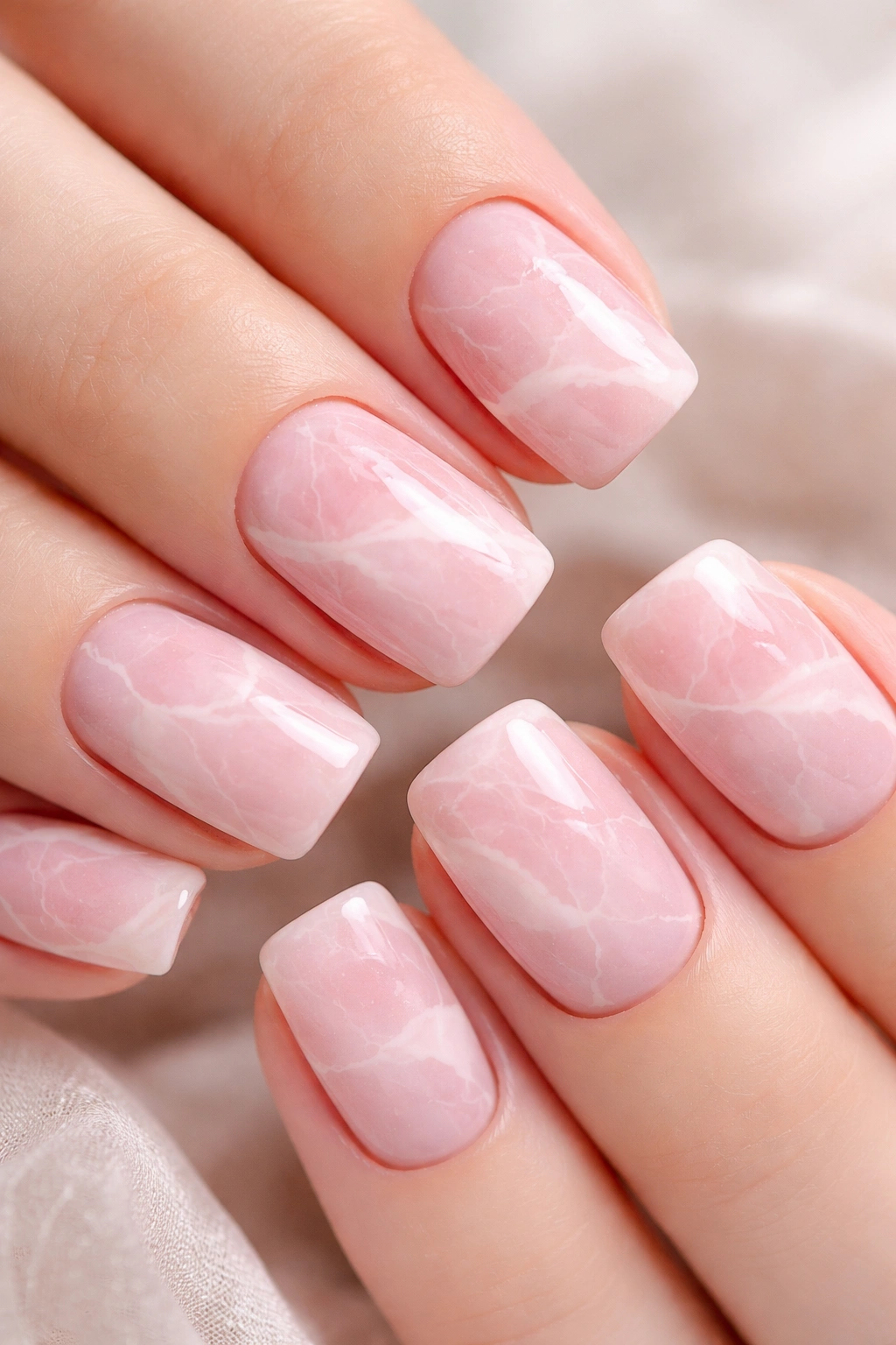 Marble nail art in pink and white on short square nails.