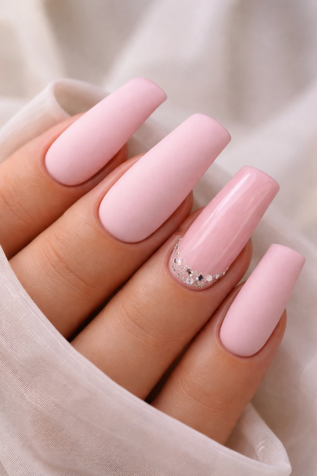 Close-up of baby pink duck nails with a velvety matte finish
