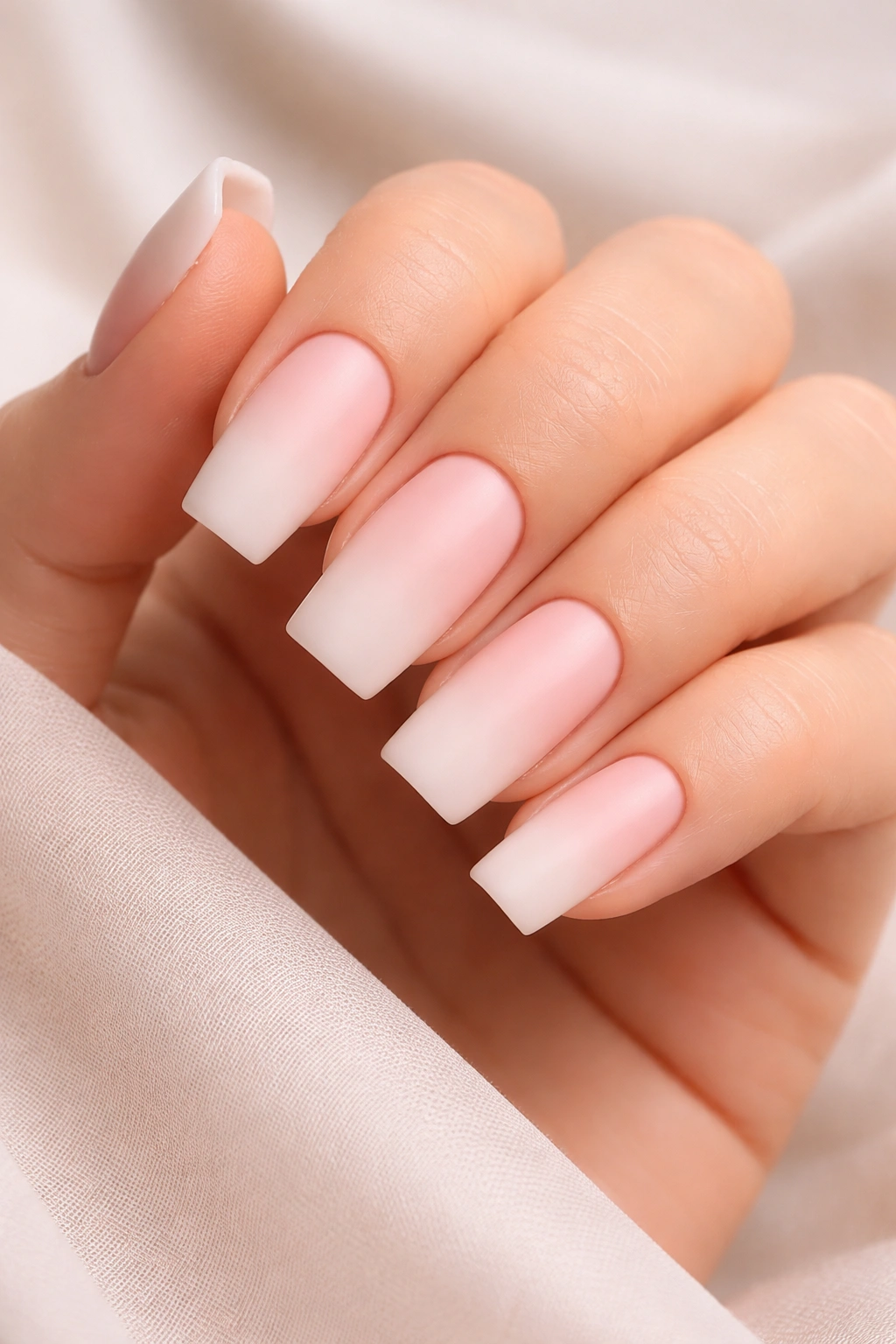 Close-up of soft pink to white matte ombre nails on squoval shapes