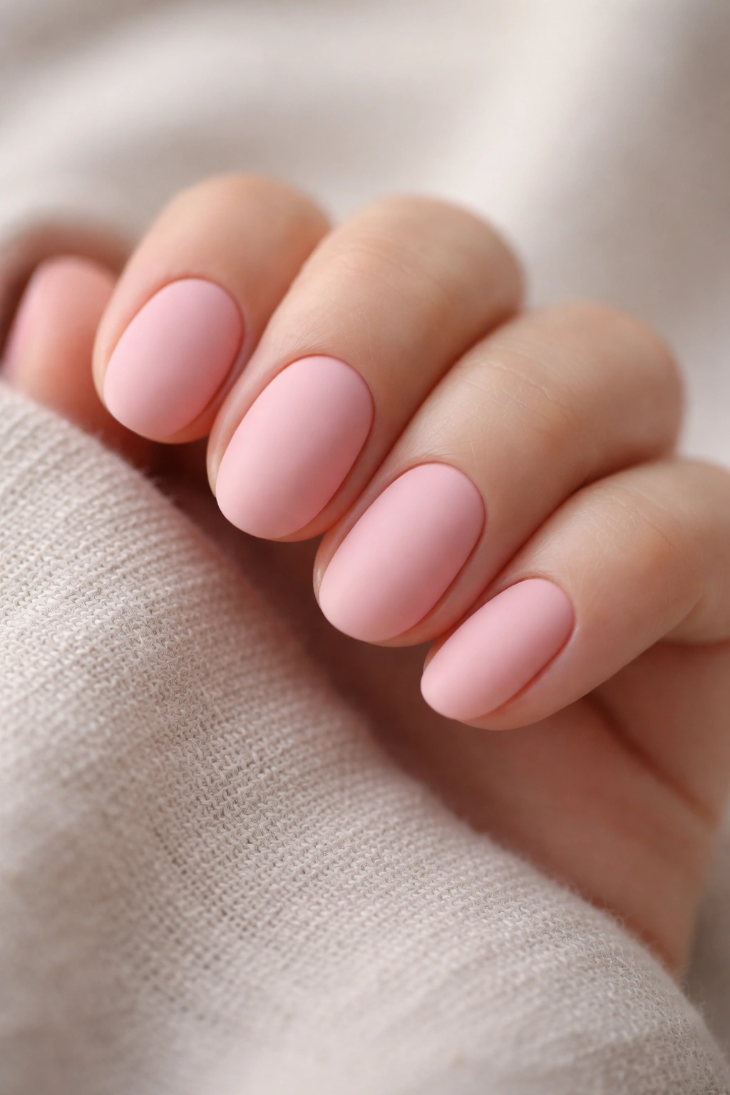 Close-up of matte pink short oval nails on a neutral background