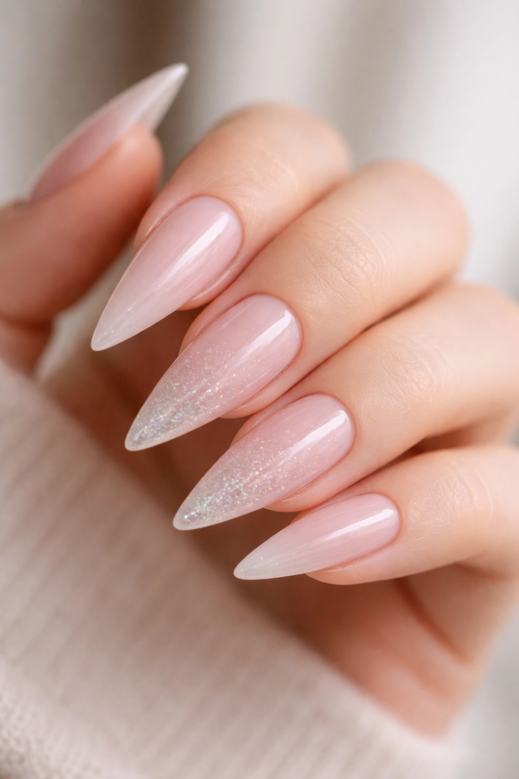 Barely-there pink stiletto nails with microglitter accents close-up