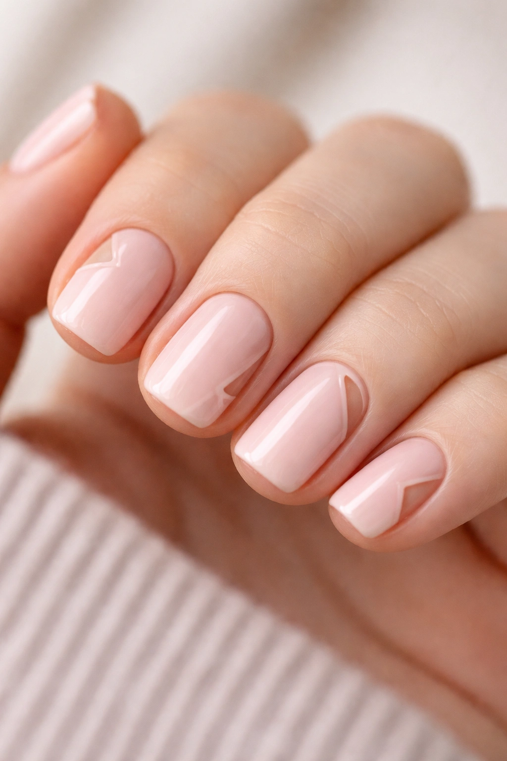 Close-up of ballet pink nails with negative-space cutouts on a short squoval shape