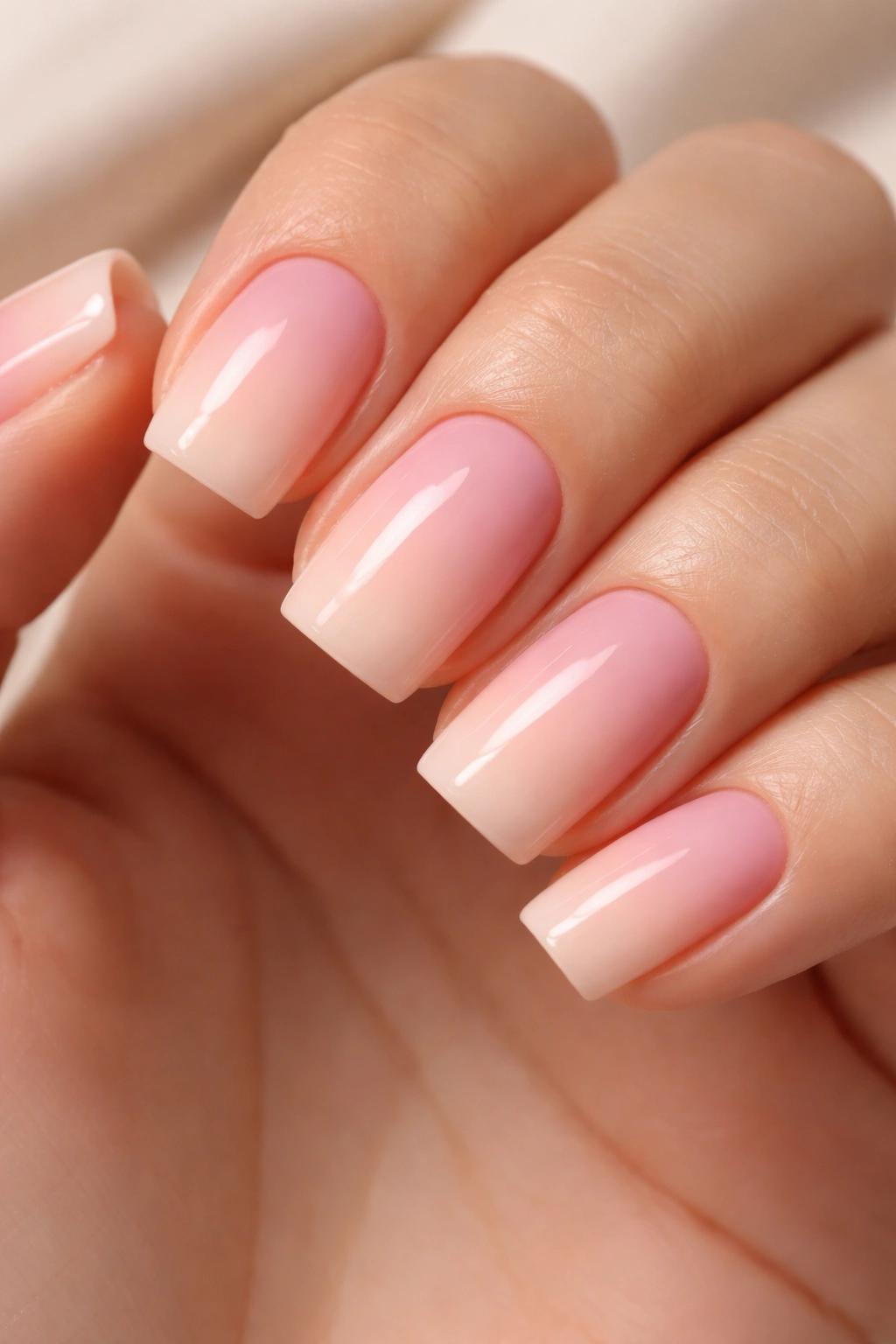 Nail gradient from soft pink to nude on short square nails.