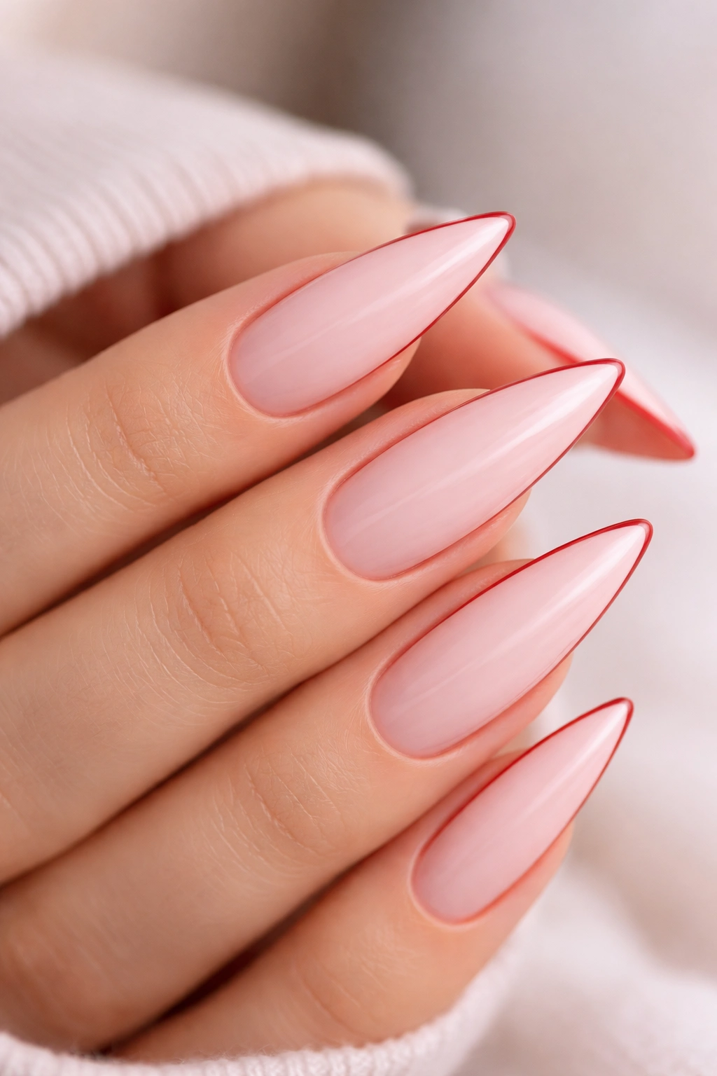Pale pink stiletto nails with a thin red outline around the edges