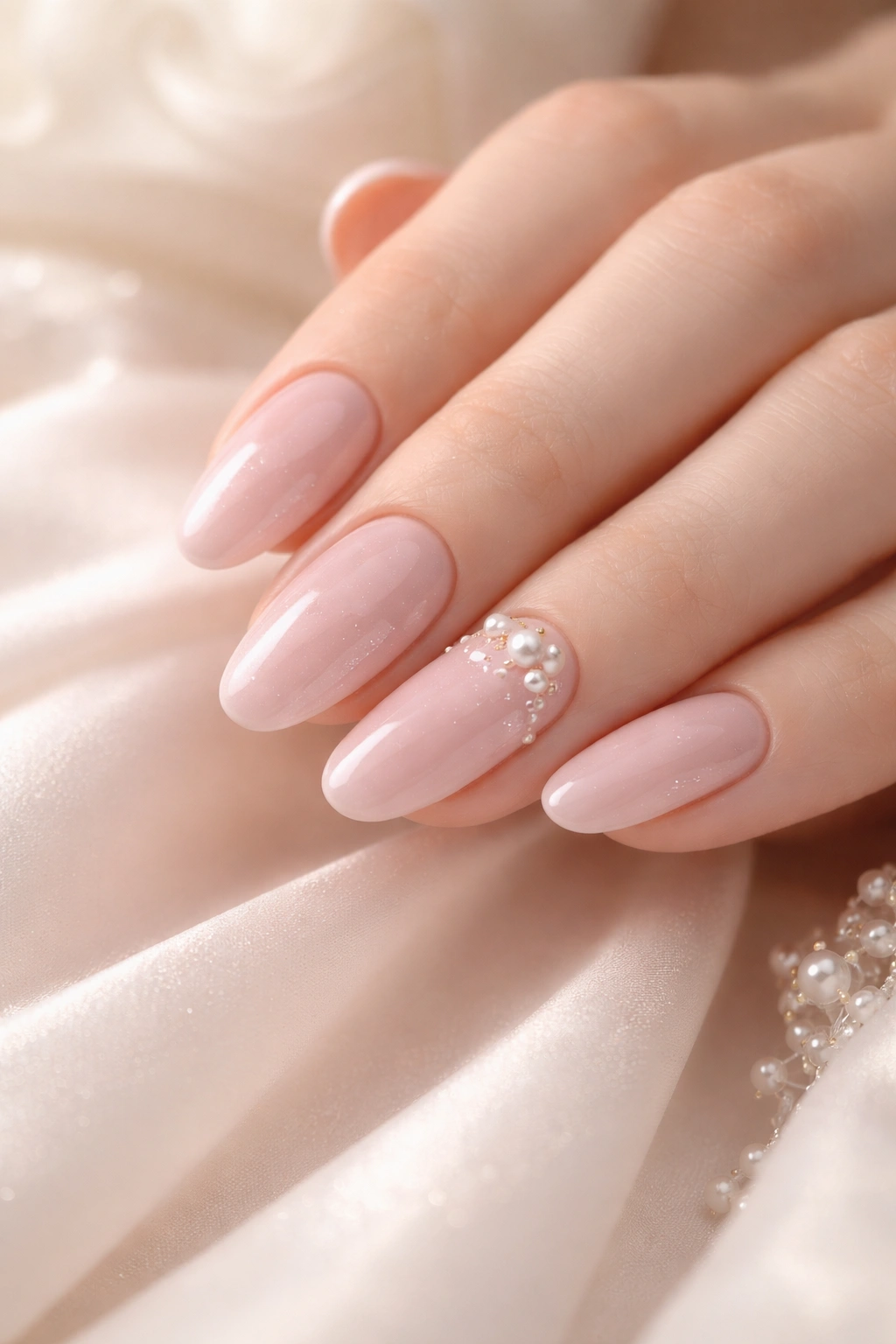 Close-up of blush pink nails with pearl accents photographed up close.