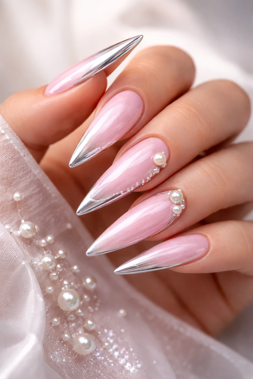 Close-up of baby pink nails with pearl or chrome detail accents