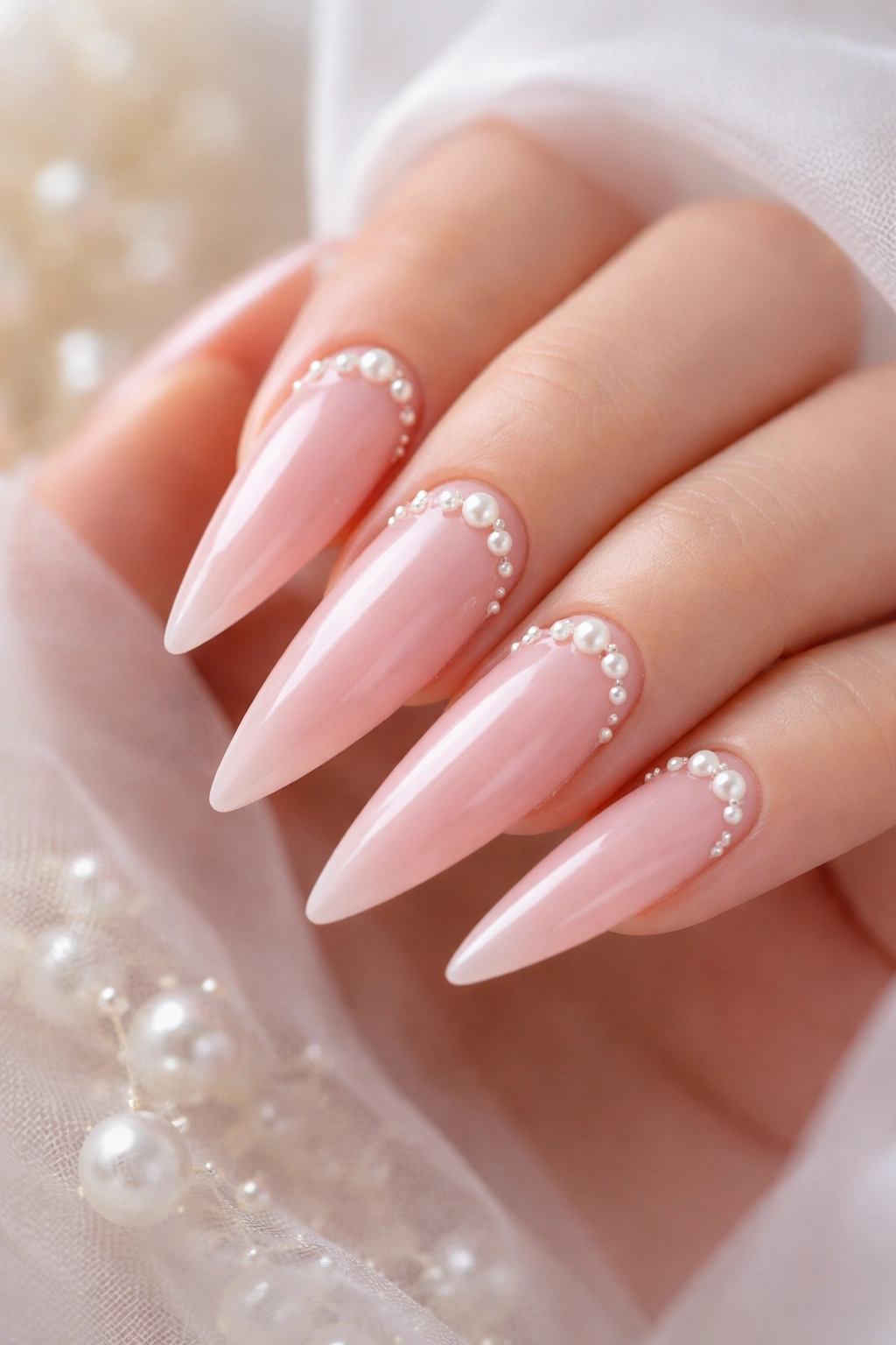 Close-up of pale pink stiletto nails with pearl embellishments