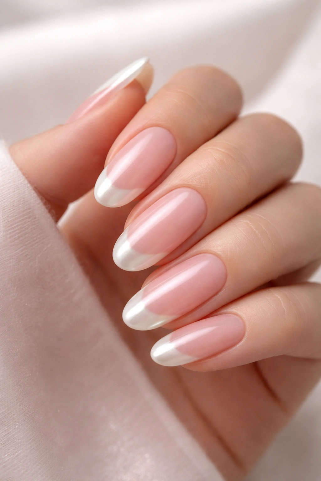 Minimalist pink and pearl nails with iridescent tip on long round nails.