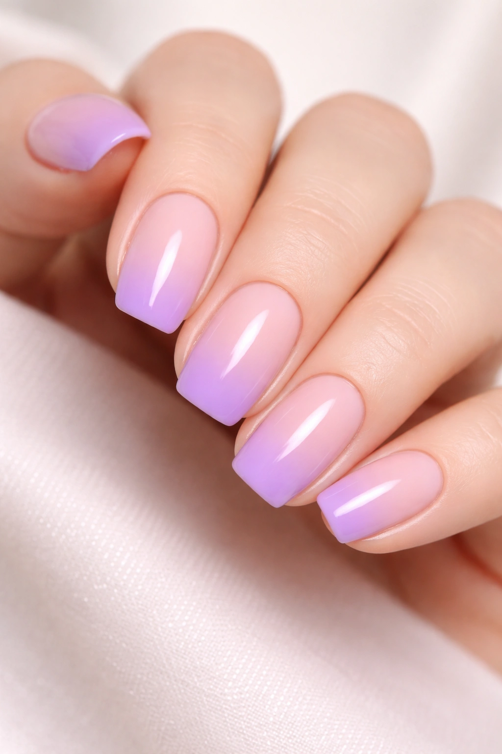Soft pink to purple gradient nails on short squoval shape