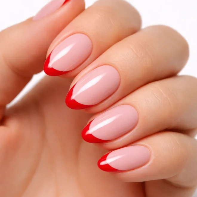 15 Short Pink Almond Nails With Red Accents