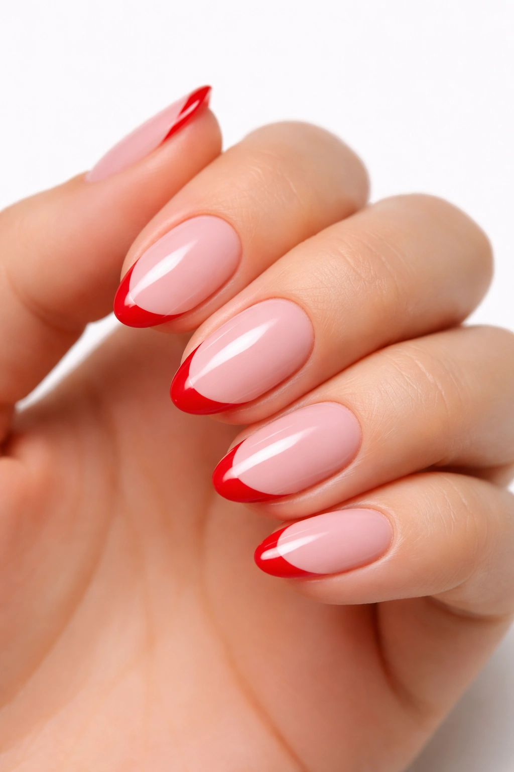 Close-up of pink almond nails with a pale base and red French tips.