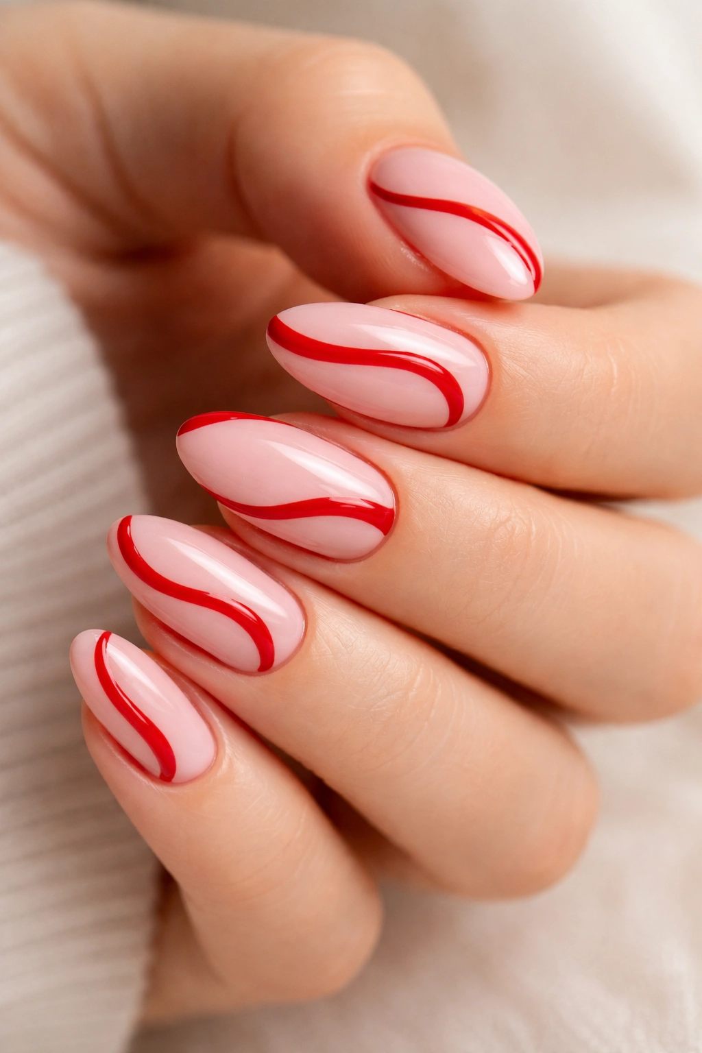 Close-up of pink almond nails with red abstract swirls following the nail curves