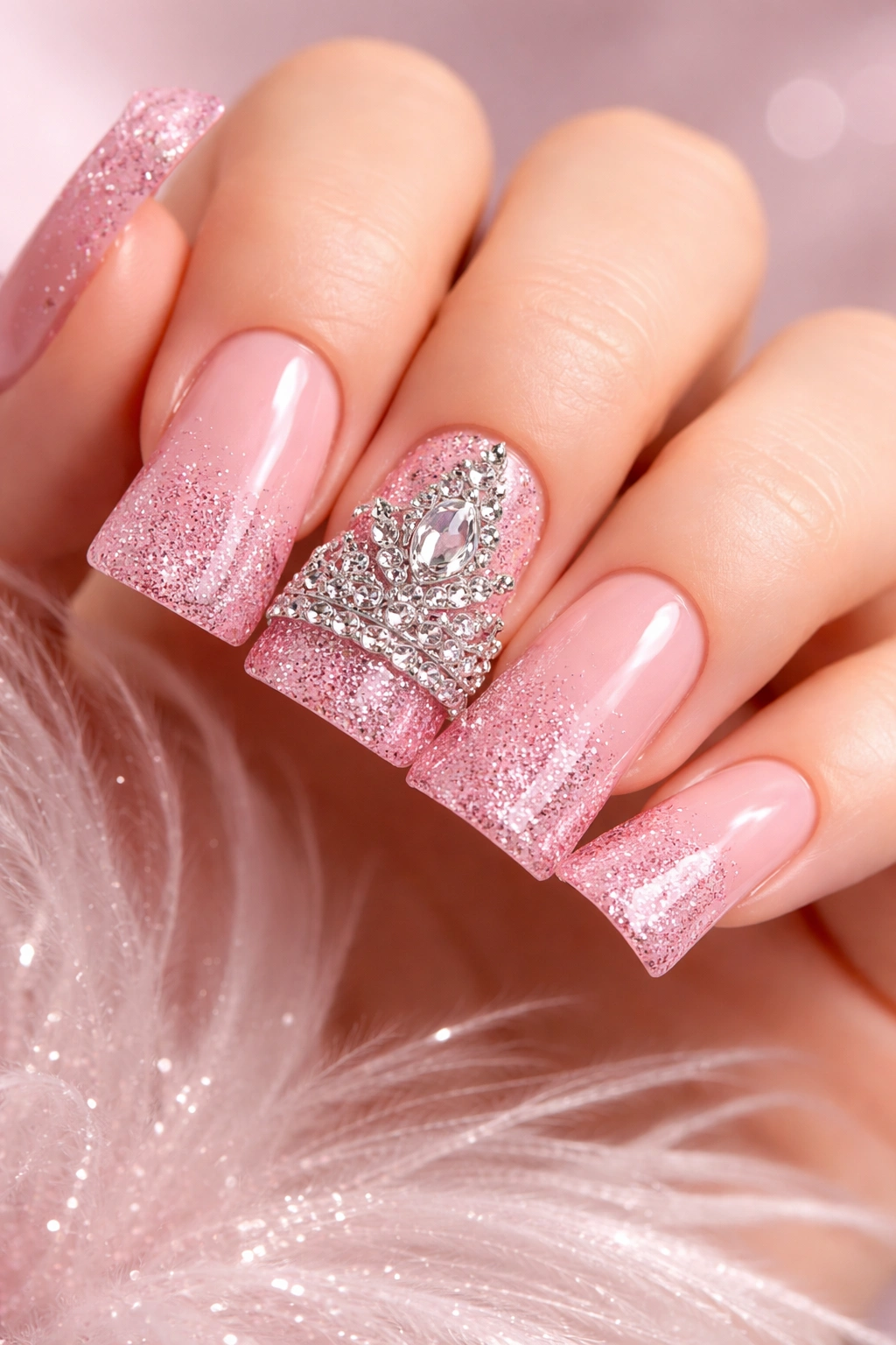 Pink nails adorned with a crown of silver rhinestones on the center nail