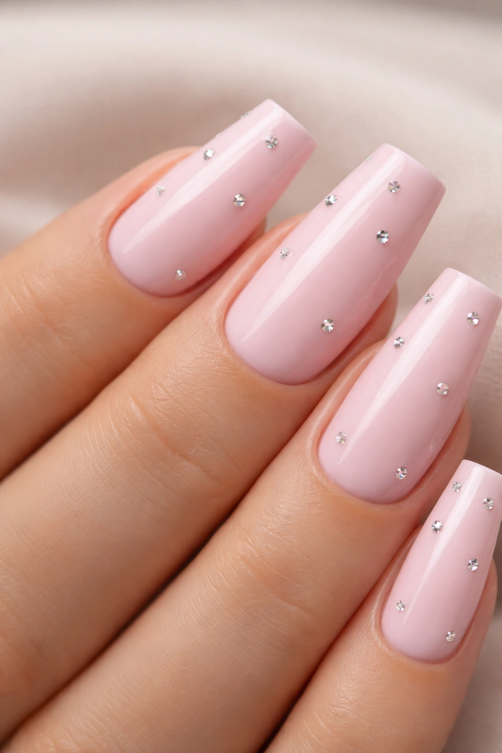 Close-up of duck nails in pale pink with tiny rhinestones