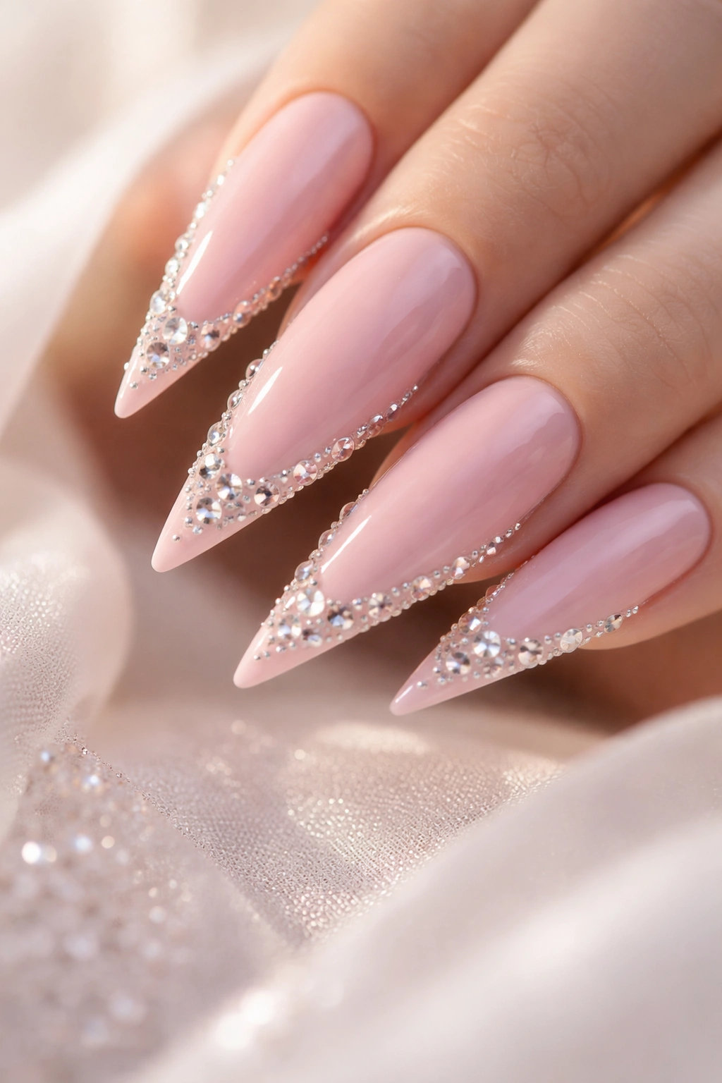 Nails with baby pink base and rhinestone embellishments