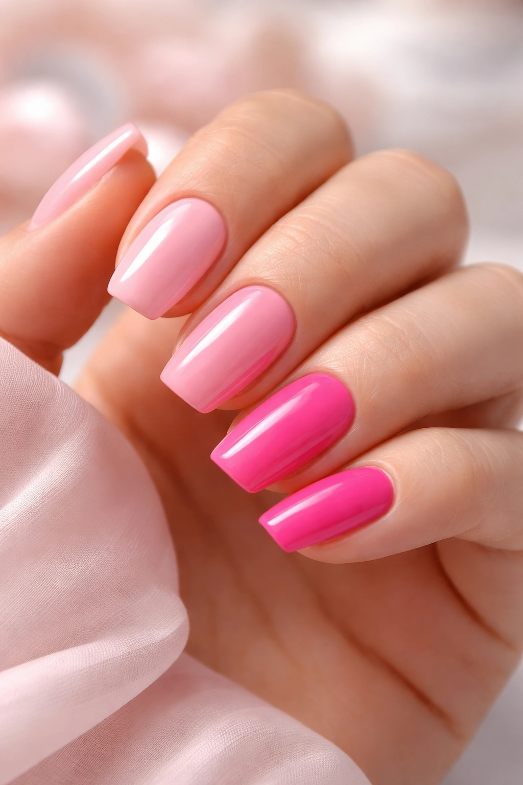 Close-up of nails showing a range of pink shades to find the perfect pink.