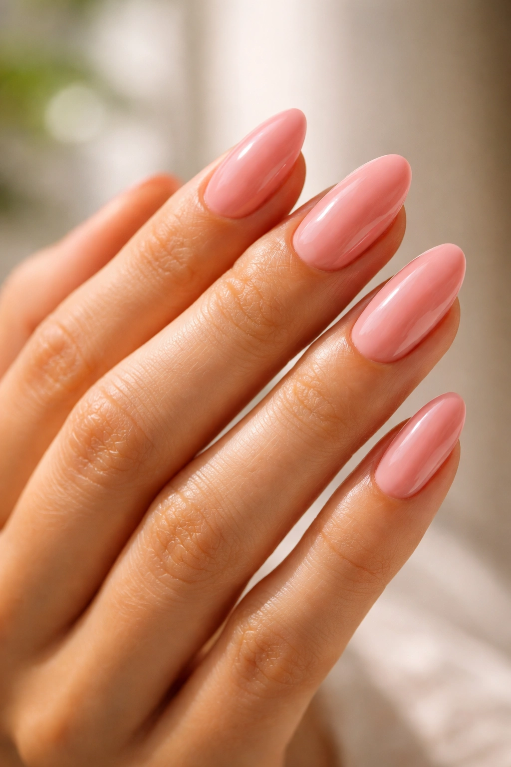 Close-up of hand with soft pink nails flattering warm skin tone in natural light