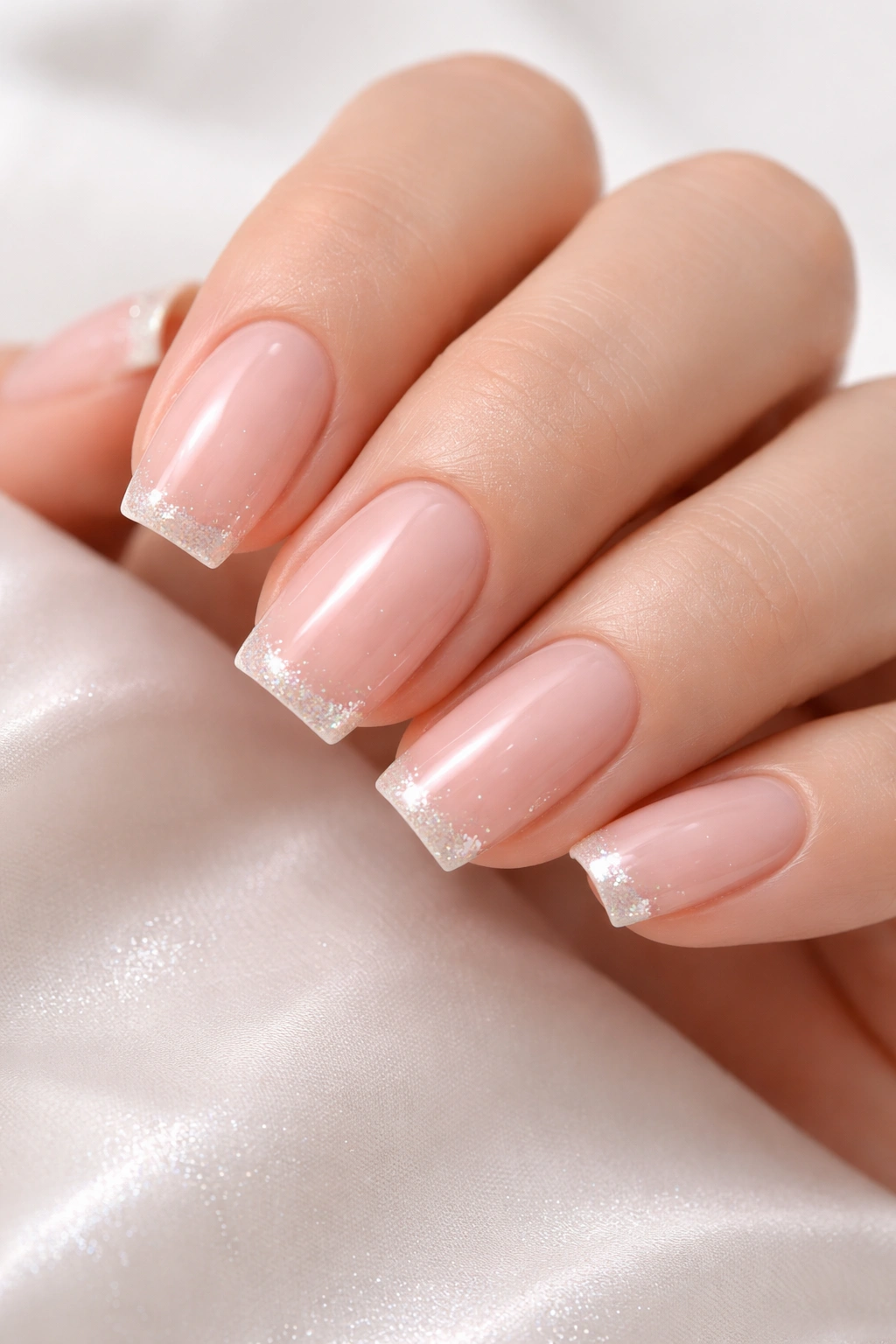 Close-up of ultra-sheer pink nails with sparkling tip accents