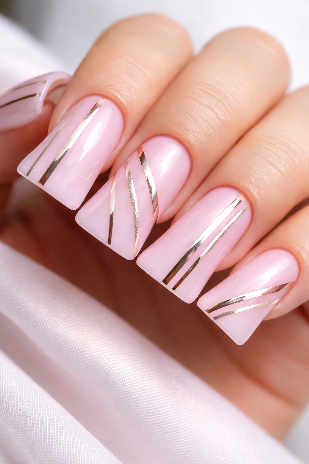 Close-up of baby pink duck nails with thin metallic stripes in gold and silver
