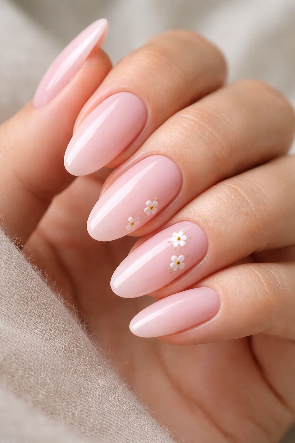 Long oval nails pale pink with tiny white flower accents