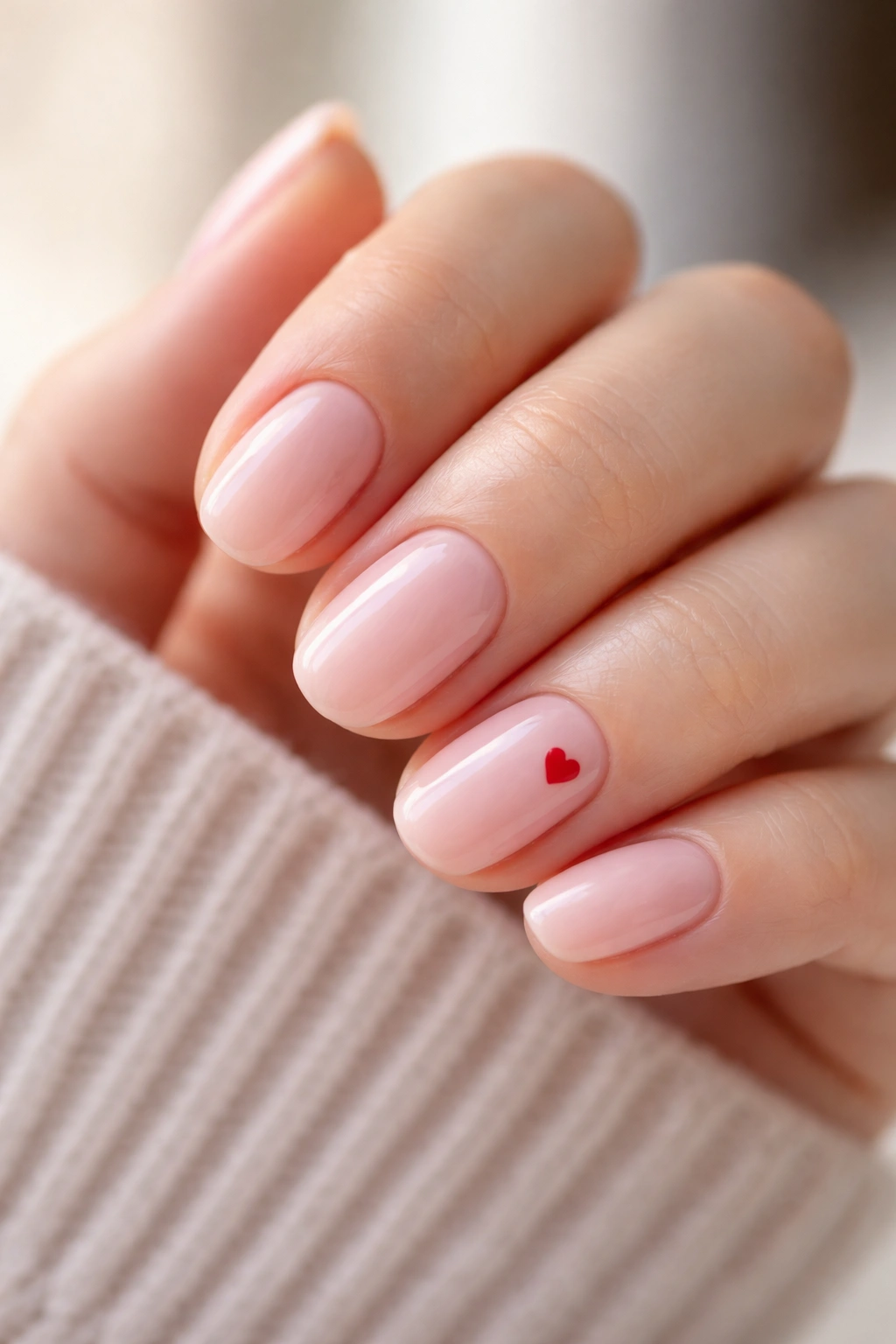Close-up of pink nails with a tiny heart accent on one nail.